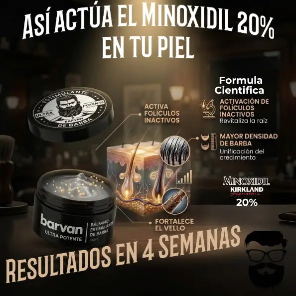 BARVAN — Bálsamo de Barba con Minoxidil 20% para cerrar huecos. Resultados desde la semana 4.